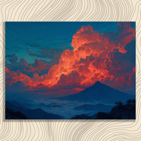 Dramatic Mountain Canvas Wall Art Fiery Cloudscape Sunset Decor Print Landscape Scene Poster Nature Silhouette