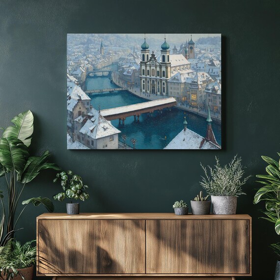 Snowy European Cityscape Canvas Wall Art Winter River Bridge Scene Painting Print Urban Landscape Decor Blue White Tones Travel Gift