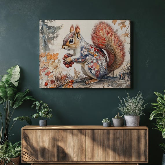 Artful Squirrel Forest Canvas Print Autumn Acorn Gathering Wall Art Painting Colorful Nature Decor And Gift For Wildlife Enthusiasts