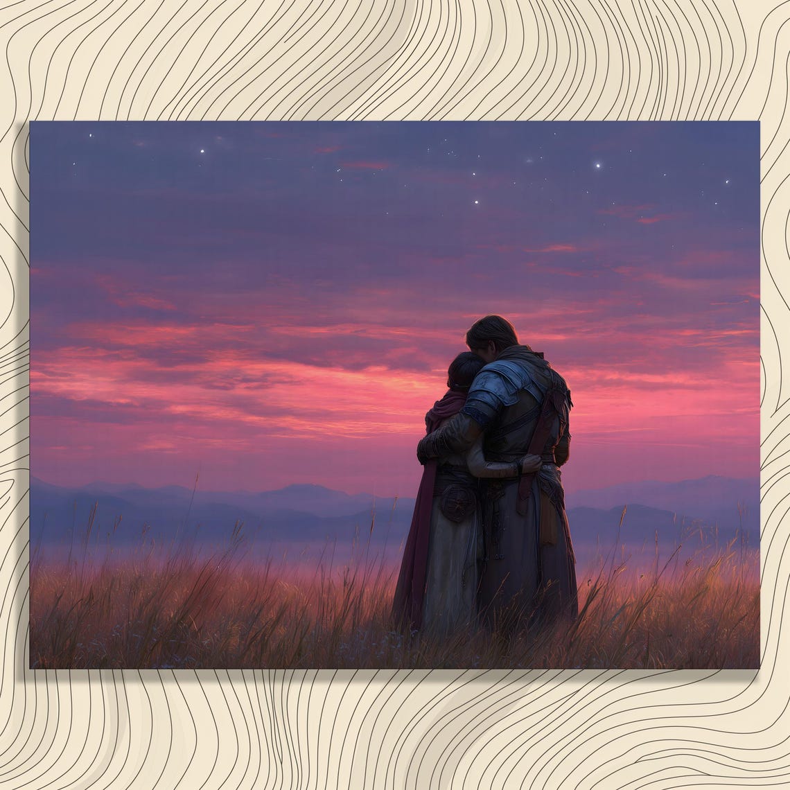 Romantic Couple Sunset Embrace Purple Sky Fantasy Lovers Poster