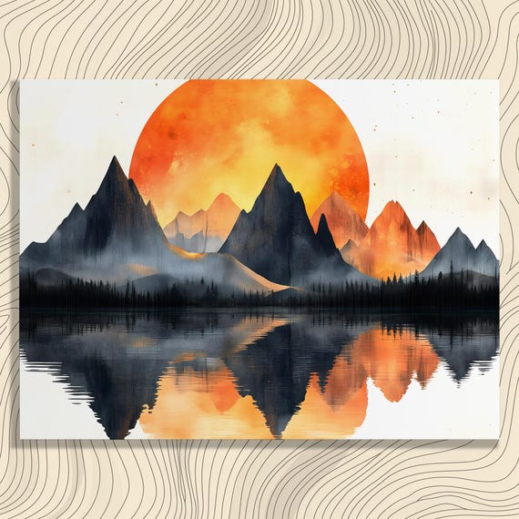 Mountain Sunset Reflection Canvas Wall Art Serene Lake Landscape Print With Pine Forest Silhouettes Big Sun Glow Minimalist Nature Decor