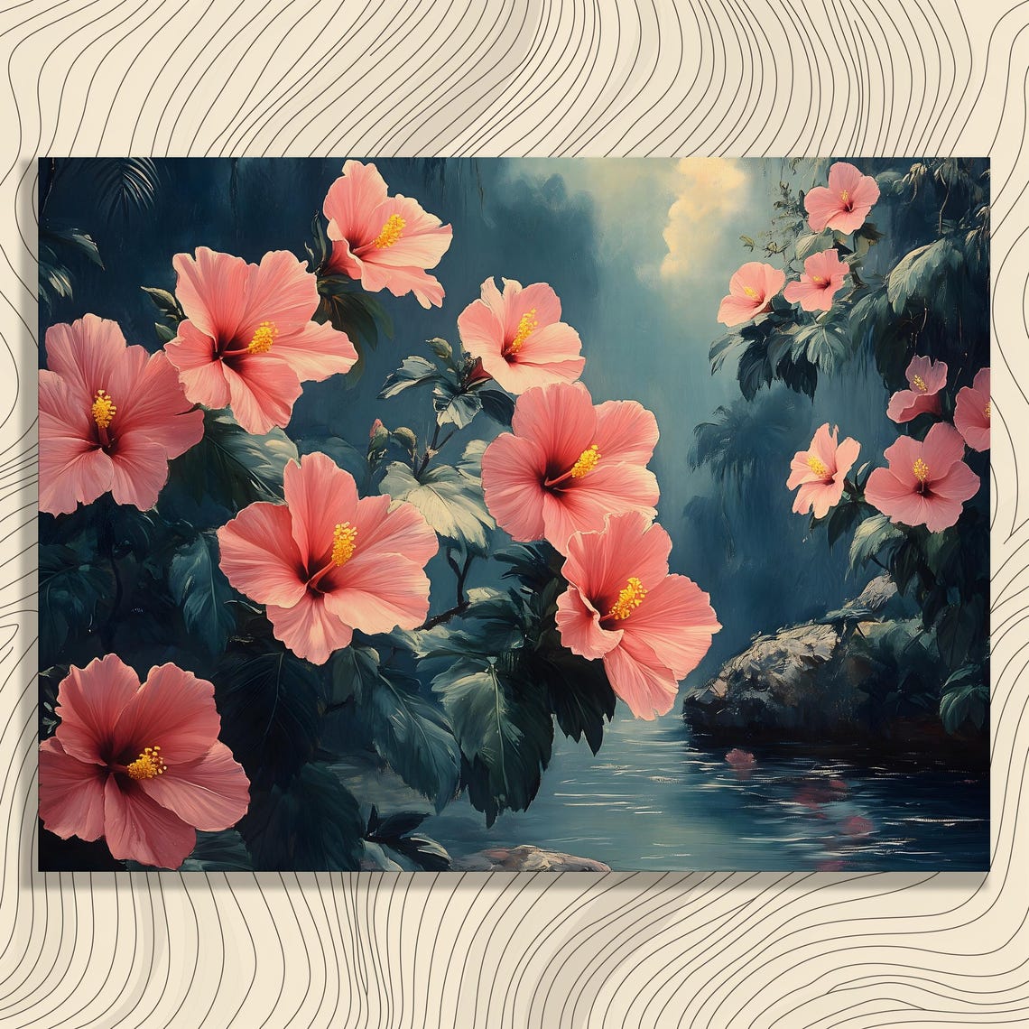 Pink Hibiscus Blossoms Lush Jungle Lagoon Tropical Floral Poster