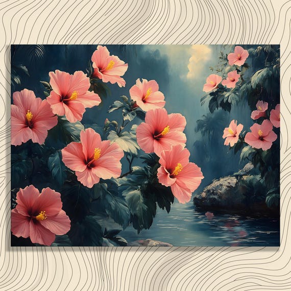 Hibiscus Tropical Flowers Canvas Wall Art Lush Jungle Lagoon Floral Painting With Pink Blossoms Serene Water Reflections Garden Decor