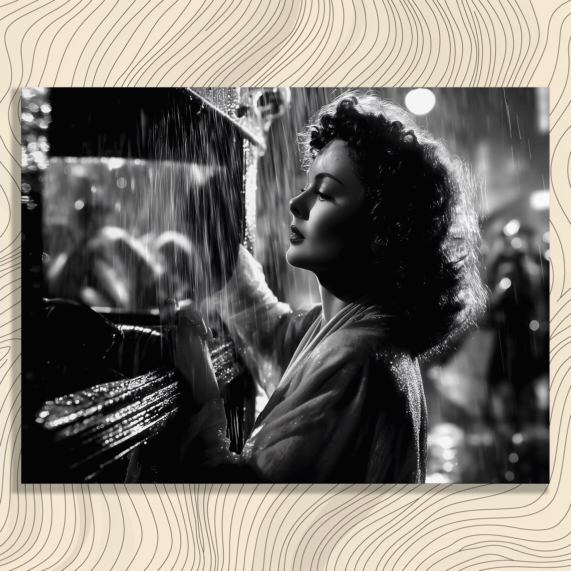 Film Noir Canvas Wall Art Black And White Cinematic Vintage Urban Portrait Rainy Night City Lights Silhouette Print Decor Painting Gift