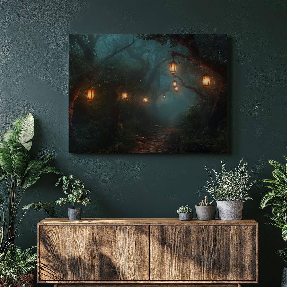 Enchanted Lantern Forest Misty Night Path Fantasy Art Poster