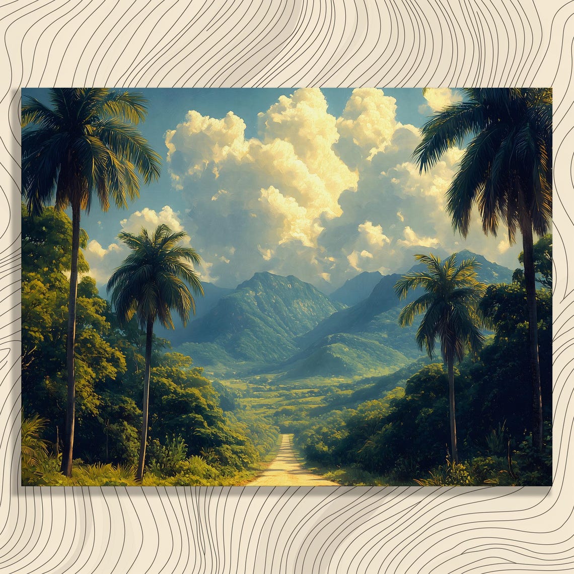 Tropical Canvas Wall Art Palm Trees Mountain Vista Sunlit Road Nature Print Decor Lush Greenery Painterly Landscape