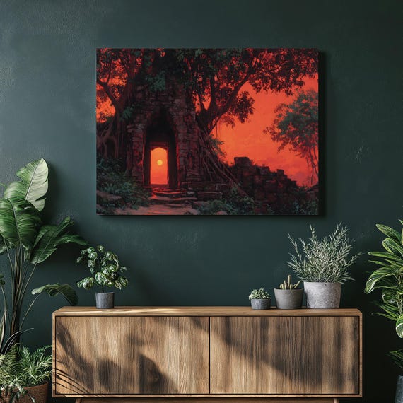 Ancient Temple Ruins Canvas Wall Art Fantasy Vista Jungle Roots Forest Sunset Stone Archway Mystical Doorway Red Sky Modern Home Decor