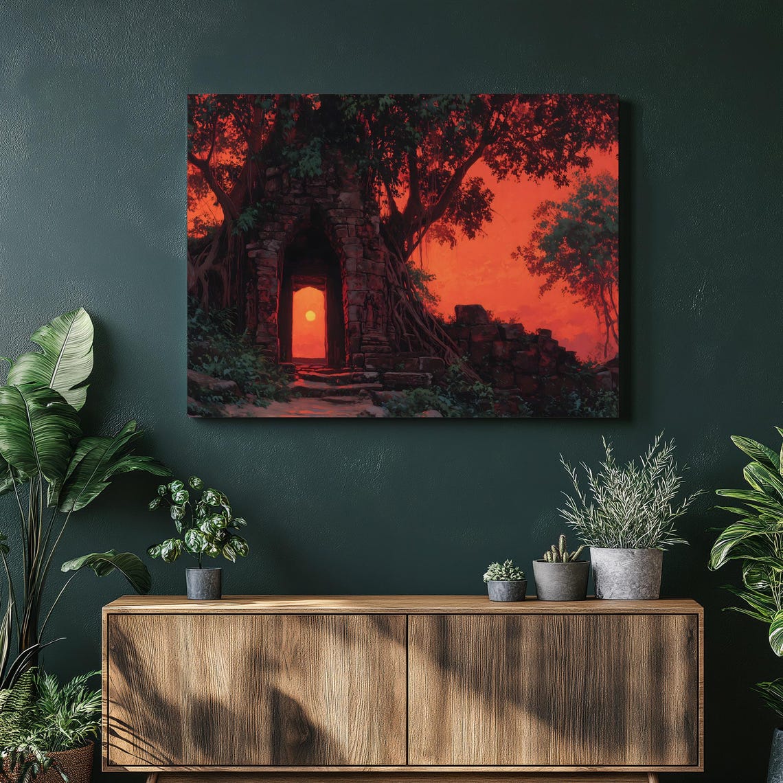 Ancient Jungle Temple Ruin At Red Sunset With Banyan Roots Poster