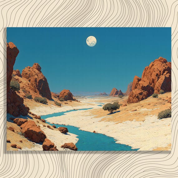 Moonlit Desert Canvas Wall Art Modern Moon Landscape With Full Night Sky Blue River Canyon Rocks Southwest Style Nature Decor