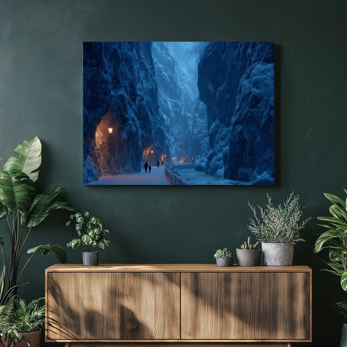 Snowy Canyon Frozen River Lantern Lit Blue Winter Night Print