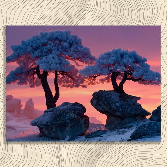 Sunset Pine Trees Canvas Wall Art Winter Landscape Snow Boulders Purple Twilight Sky Nature Forest Decor Mountain Print