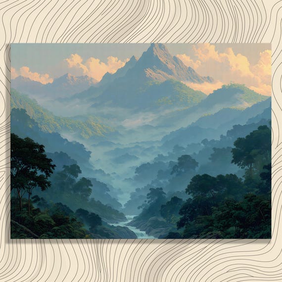 Misty Mountain River Canvas Wall Art Landscape Painting Nature Decor Forest Artwork Blue Green Print Calming Traditional Gift For Hikers