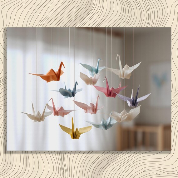 Pastel Origami Crane Mobile Hanging Paper Birds Minimal Nursery Poster