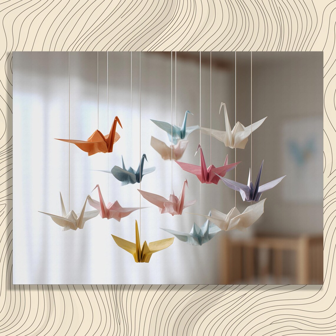 Pastel Origami Crane Mobile Hanging Paper Birds Minimal Nursery Poster