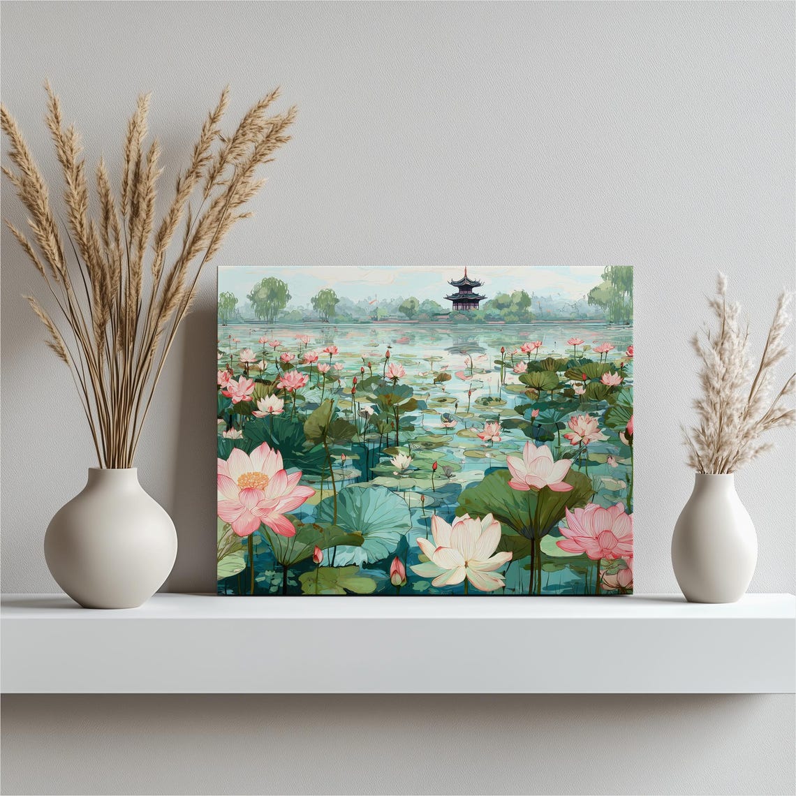 Serene Pond Canvas Wall Art Pink Water Lily Botanical Print With Pagoda Landscape And Reflection Zen Watercolor Decor