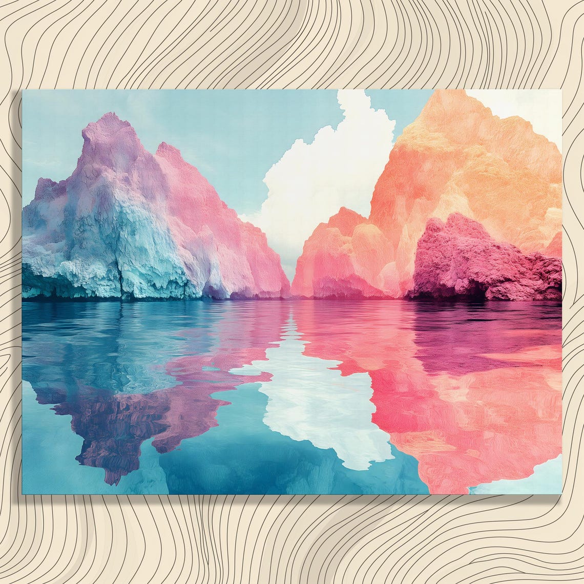 Pastel Surreal Mountains Mirrored In Still Water Reflection Wall Art