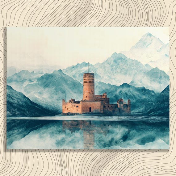 Surreal Castle Lake Canvas Wall Art Serene Mountain Print With Reflective Nature Scene For Decor Ideal Gift Lovers