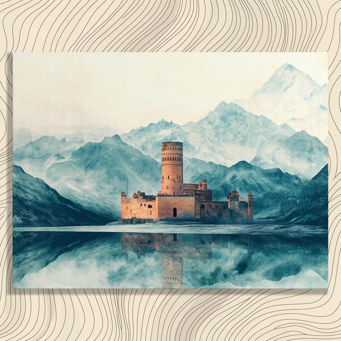 Surreal Castle Lake Mirror Reflection Misty Mountains Poster