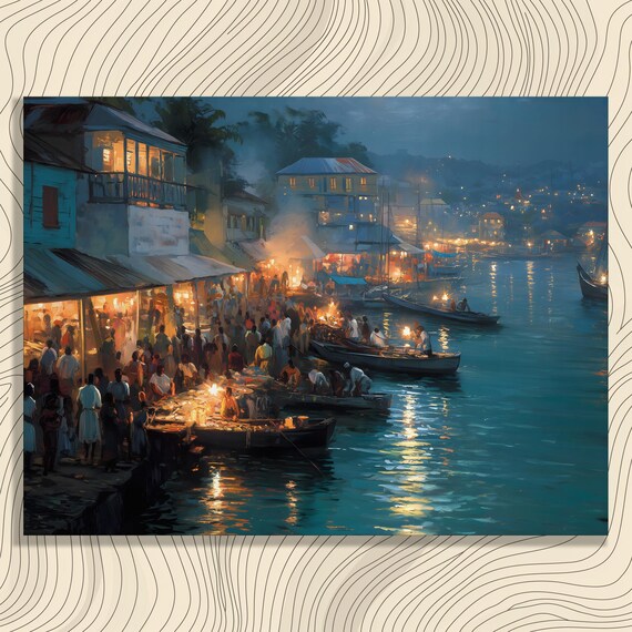 Colorful Night Market Harbor Lantern Lights Boats Painting Poster