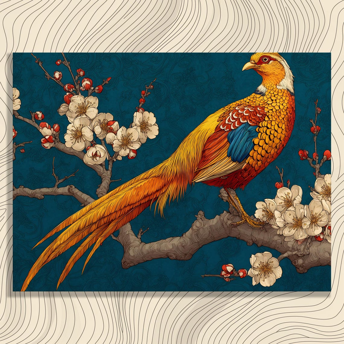 Golden Pheasant Bird Illustration Poster Oriental Blossom Branch Art