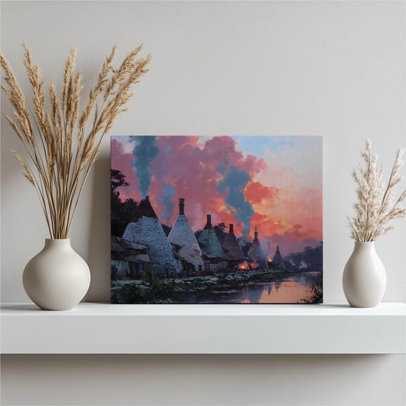 Industrial Kiln Sunset Canvas Wall Art Modern Smokestacks River Reflection Painting Print For Decor And Thoughtful Gift