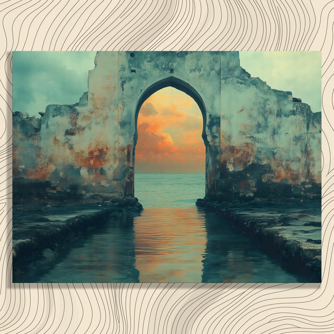 Ancient Stone Archway Over the Sea Sunset Travel Photography Style Poster