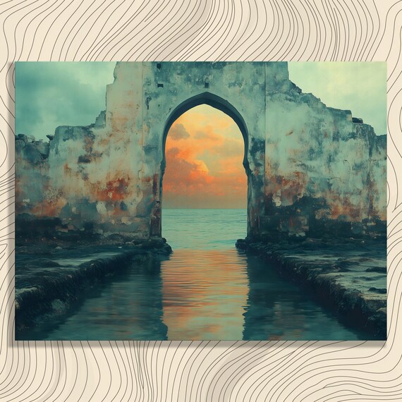 Ancient Stone Archway Over the Sea Sunset Travel Photography Style Poster