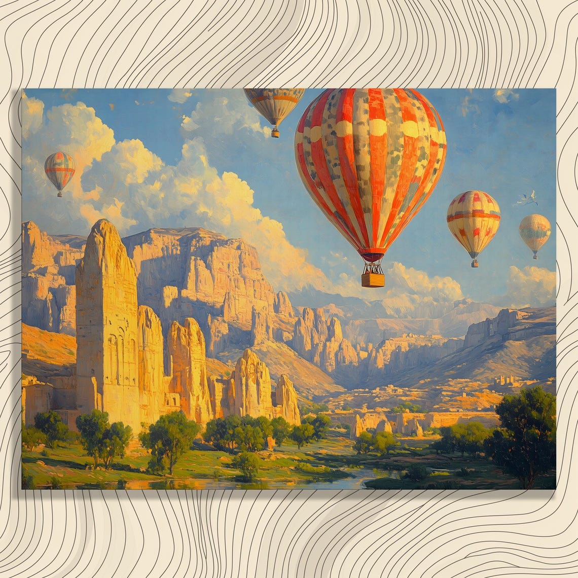 Hot Air Balloons Over Golden Canyon Valley Sunset Landscape Poster