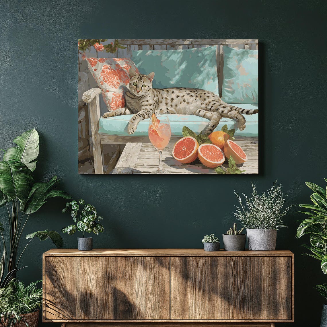 Spotted Cat On Sunny Patio Bench With Grapefruit Cocktail Poster