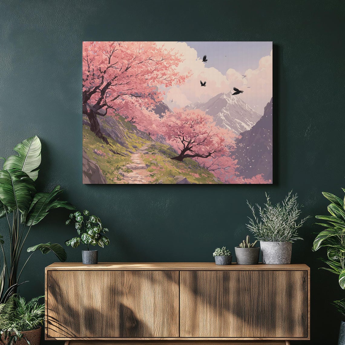 Cherry Blossom Mountain Path Spring Pastel Landscape Art Poster