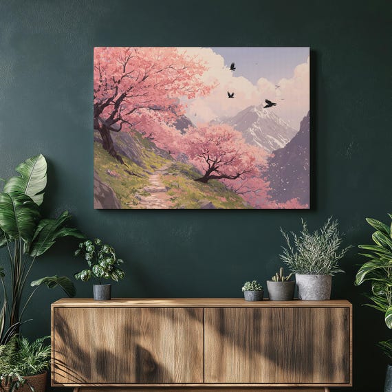 Cherry Blossom Path Canvas Wall Art Pastel Spring Landscape Print Mountain Trail Songbirds Valley View Contemporary Colorful Nature Decor