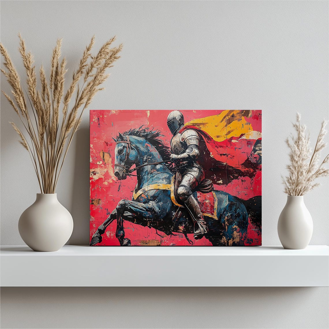 Knight On Horseback Armored Warrior Crimson Medieval Art Poster