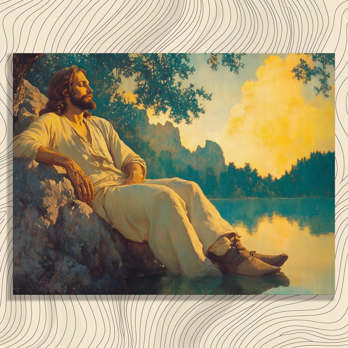 Jesus Christ Resting by Lake at Sunset Peaceful Faith Art Poster
