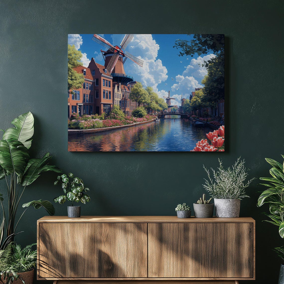 Dutch Canal Windmills Tulips Brick Houses Amsterdam Scene Poster