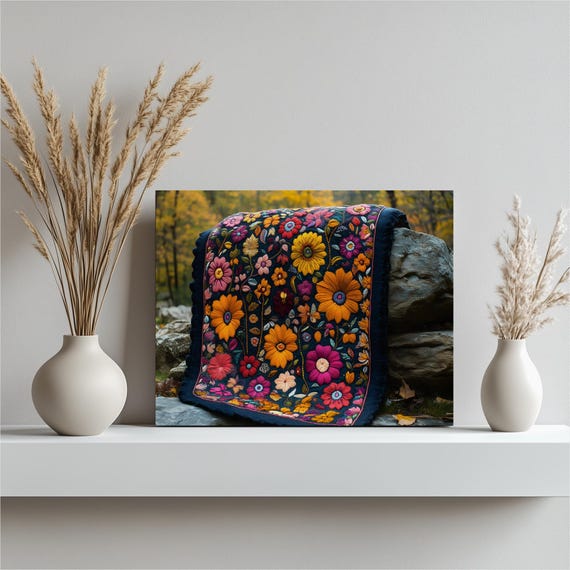 Afghan Floral Embroidery Canvas Wall Art Folk Textile Botanical Print With Vibrant Stitched Flowers On Navy Fabric Nature Inspired Decor