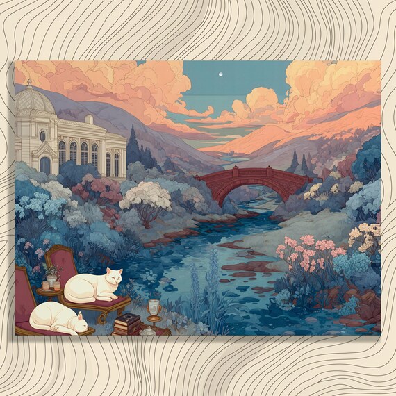 Two White Cats Resting By River With Red Bridge And Floral Garden Poster