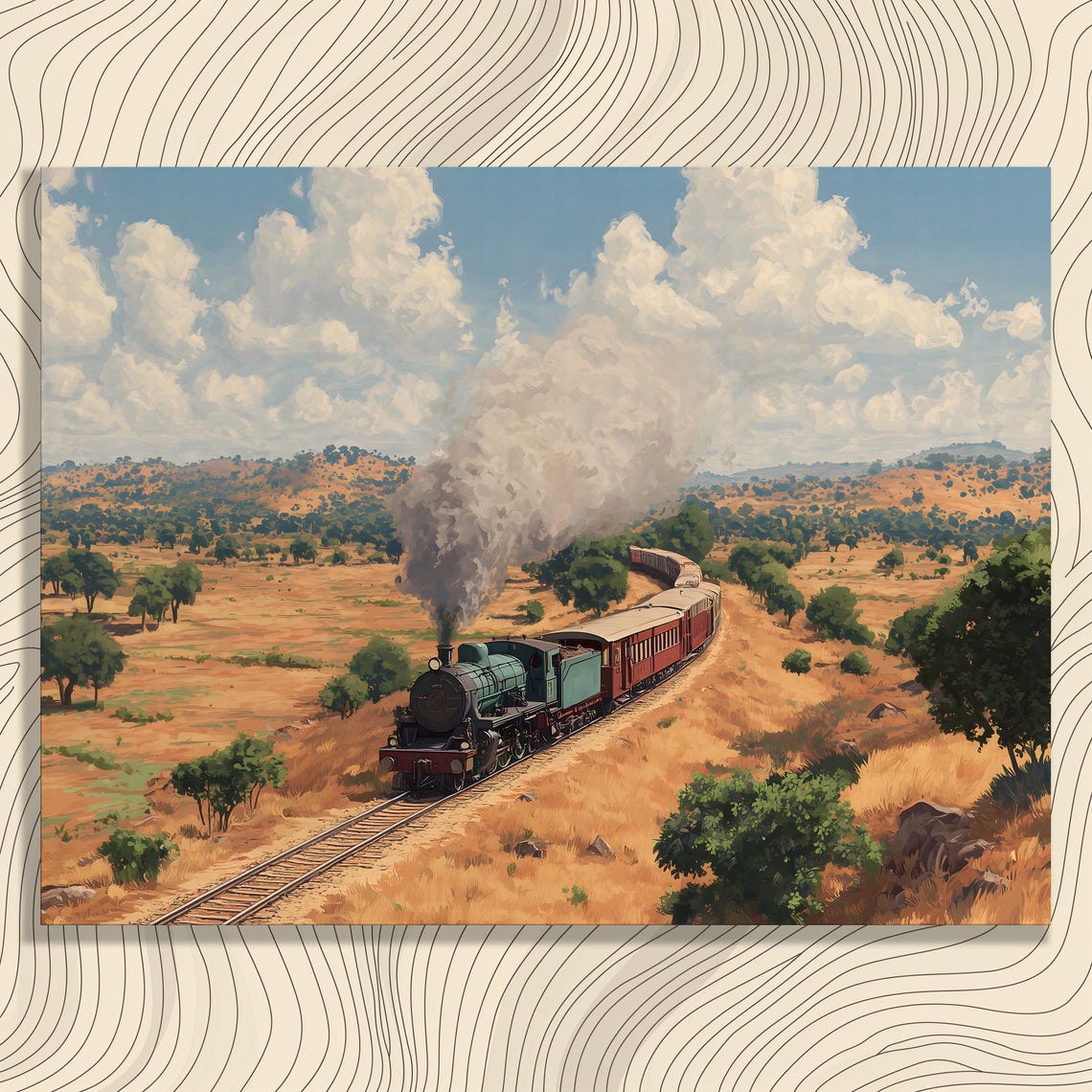 Vintage Steam Locomotive Countryside Railway Landscape Painting Poster