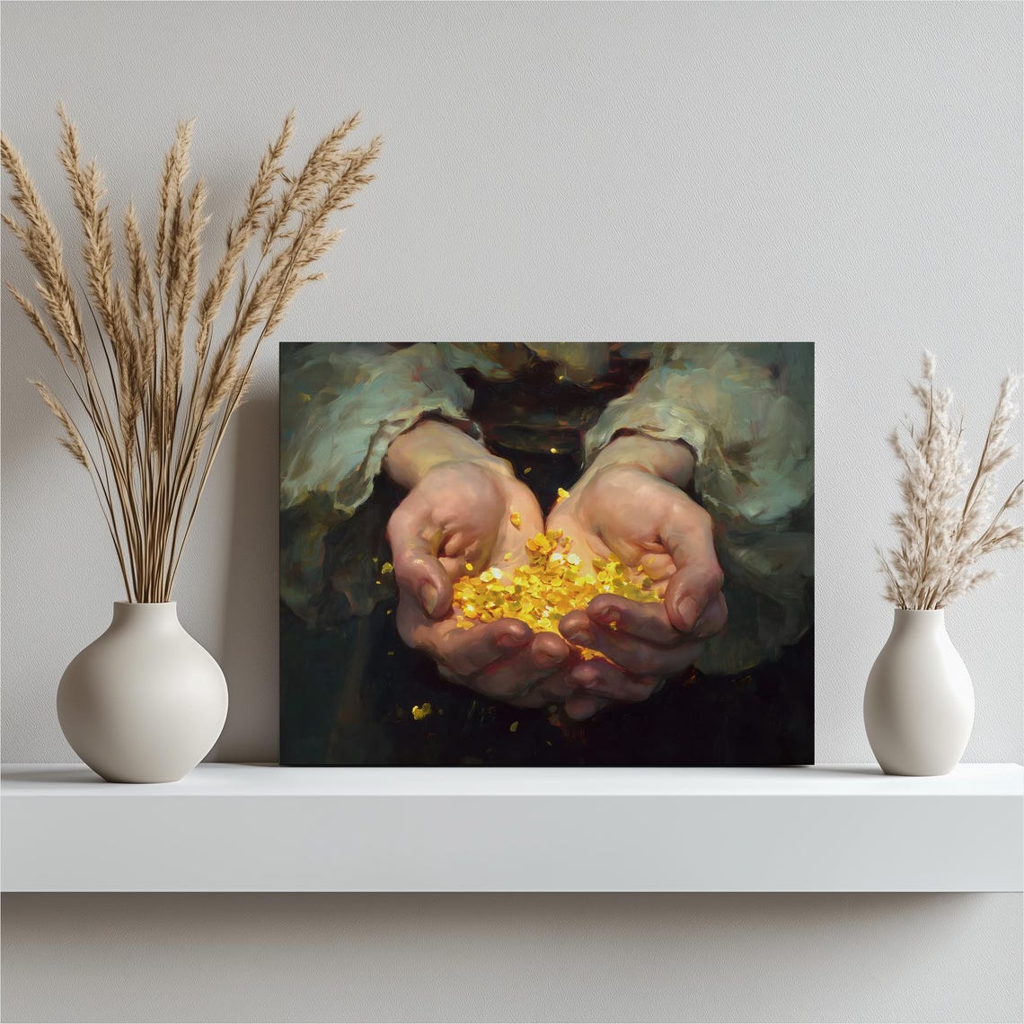 Cupped Hands Holding Gold Flakes Prosperity Abundance Wall Art