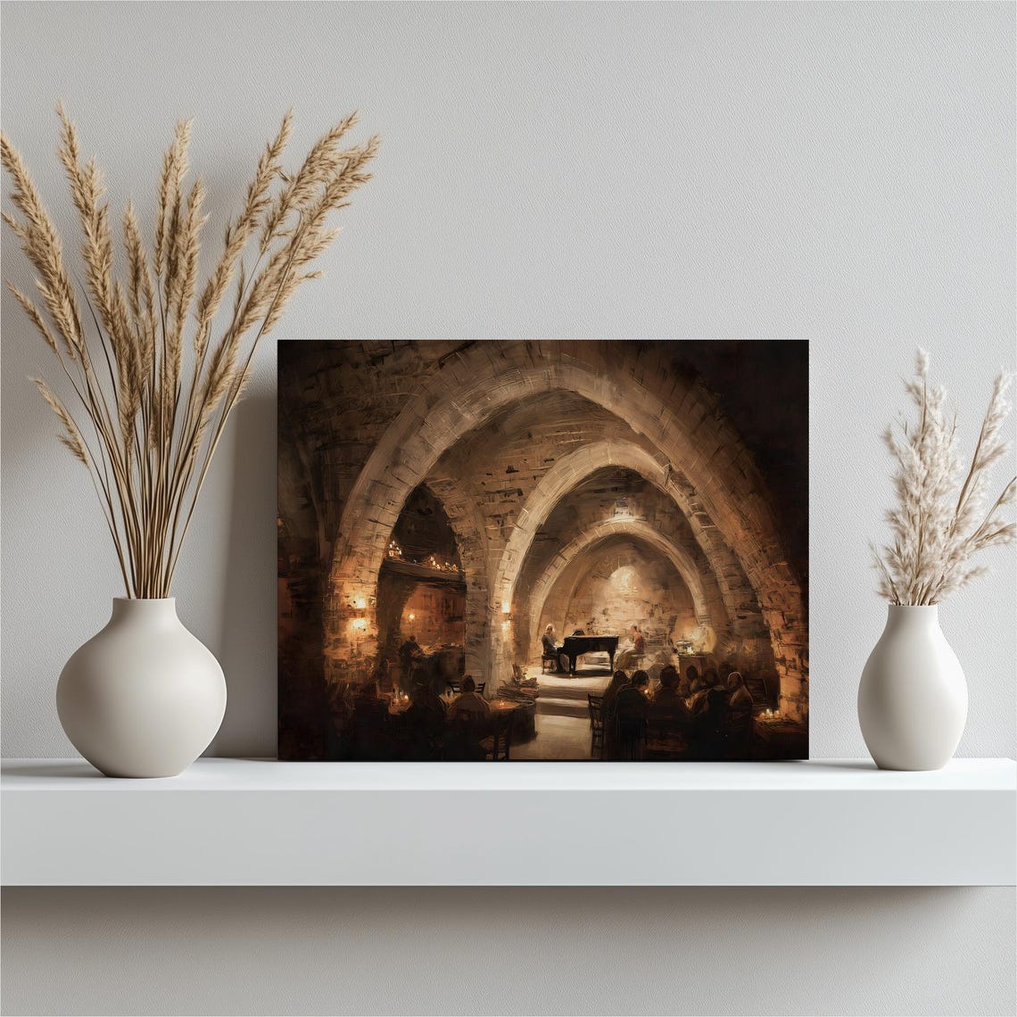 Candlelit Medieval Stone Tavern Grand Piano Cozy Rustic Wall Art