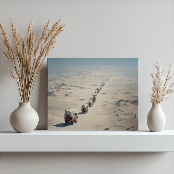 Desert Caravan Covered Wagons Crossing Pale Western Frontier Trail Poster