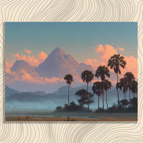 Palm Trees and Misty Mountains at Sunrise Tropical Landscape Painting Print