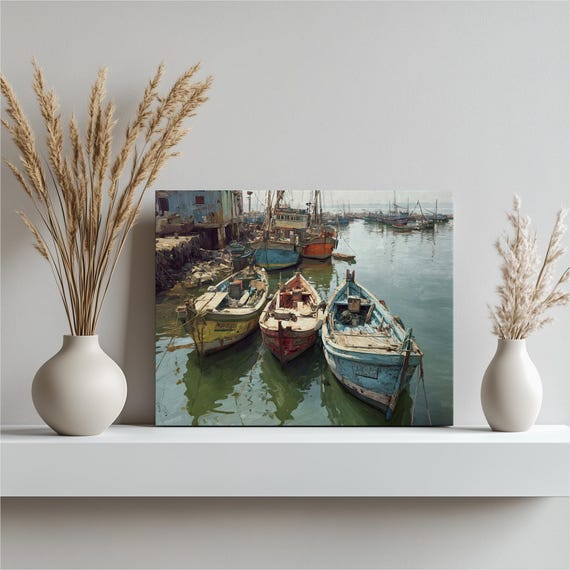 Colorful Fishing Boats Harbor Canvas Wall Art Coastal Decor Nautical Print Seascape Painting Rustic Dock Water Reflections Maritime