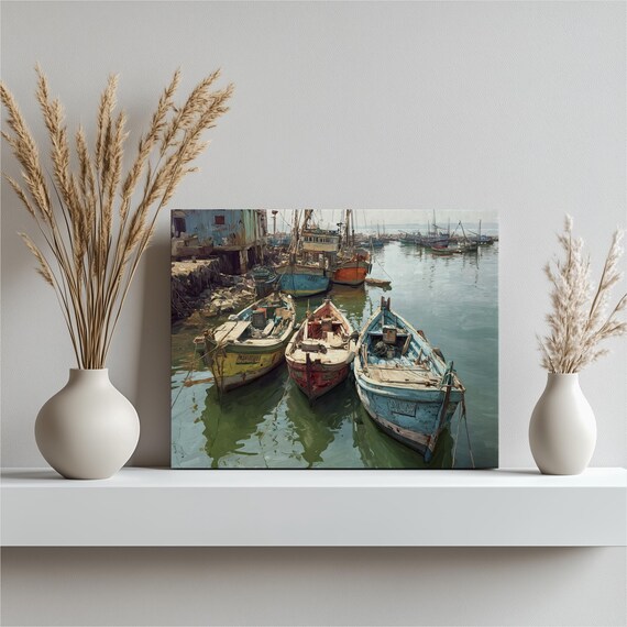 Small Wooden Fishing Boats Quiet Harbor Moored Painterly Art Print