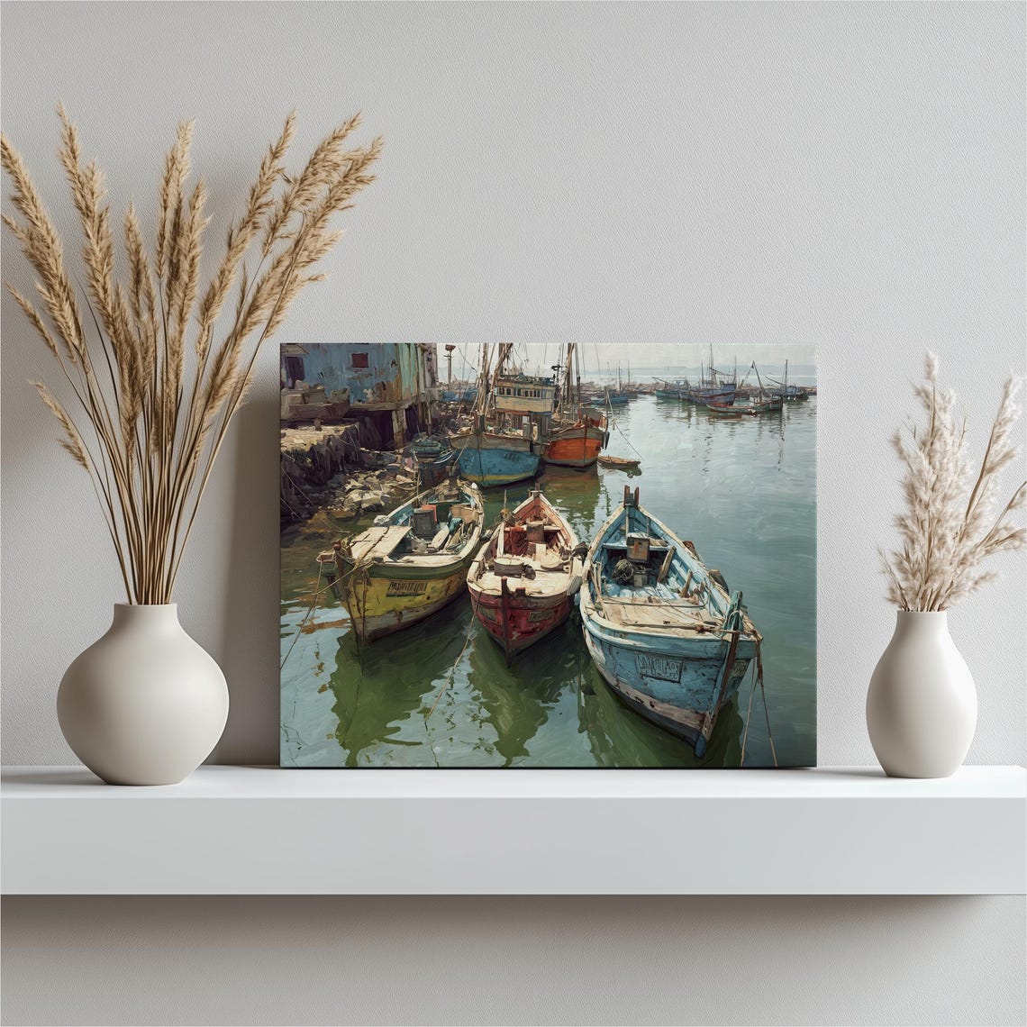 Small Wooden Fishing Boats Quiet Harbor Moored Painterly Art Print