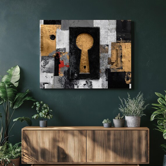 Keyhole Abstract Canvas Wall Art Mixed Media Gold Leaf Texture Print Modern Industrial Black And Lock Key Painting Decor Gift