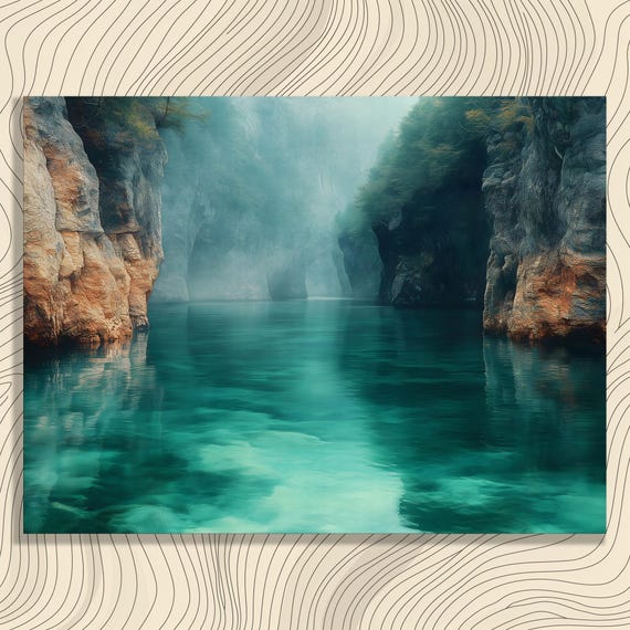 Serene Landscape Canvas Wall Art Tranquil Mountain River Painting For Nature Lovers Modern Green Blue Cliffs Reflection In Mist