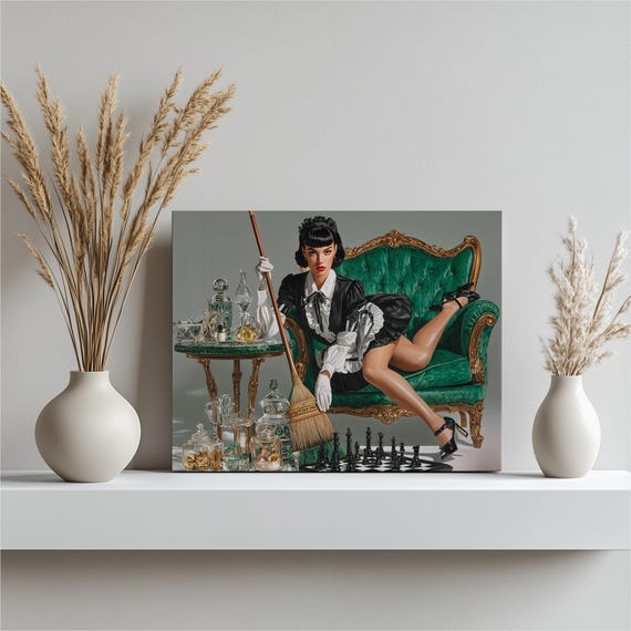 Pin Up Maid Lounging on a Green Velvet Chaise Retro Glamour Wall Art