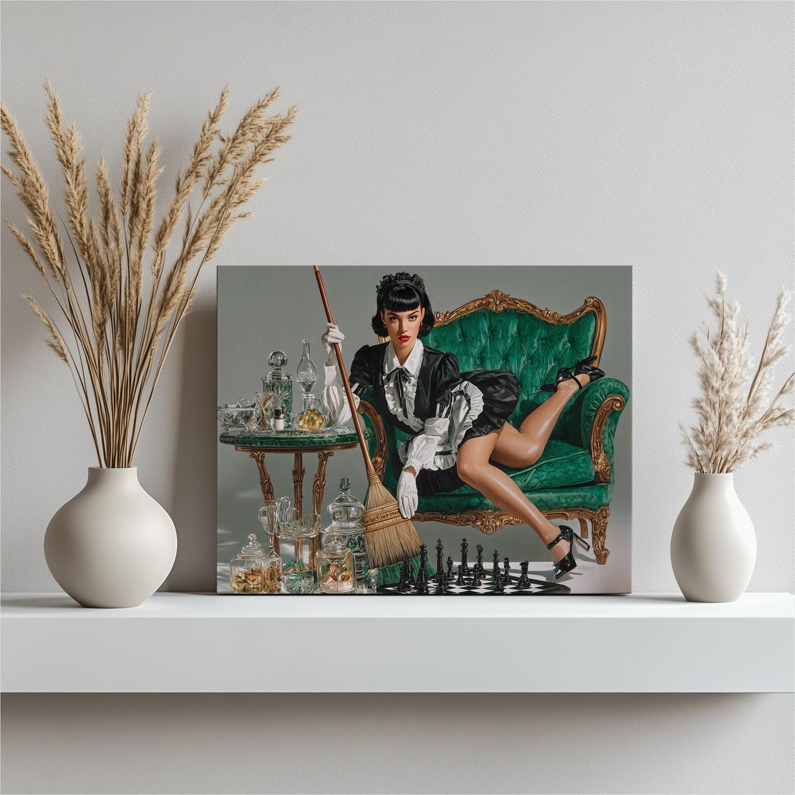 Pin Up Maid Lounging on a Green Velvet Chaise Retro Glamour Wall Art