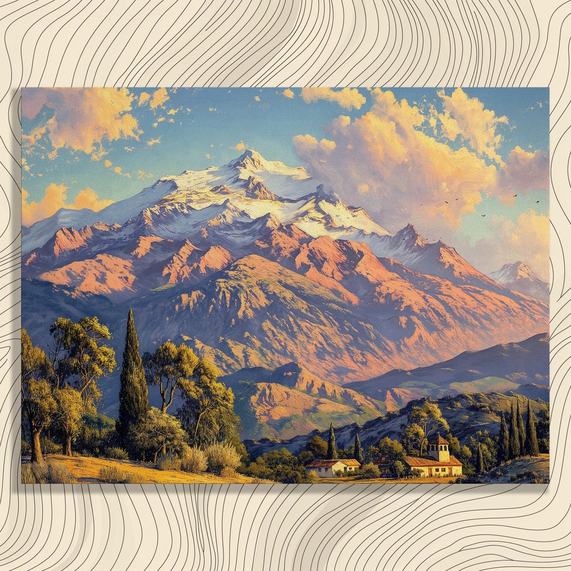 Snow Capped Mountain Golden Sunset Landscape Oil Painting Poster