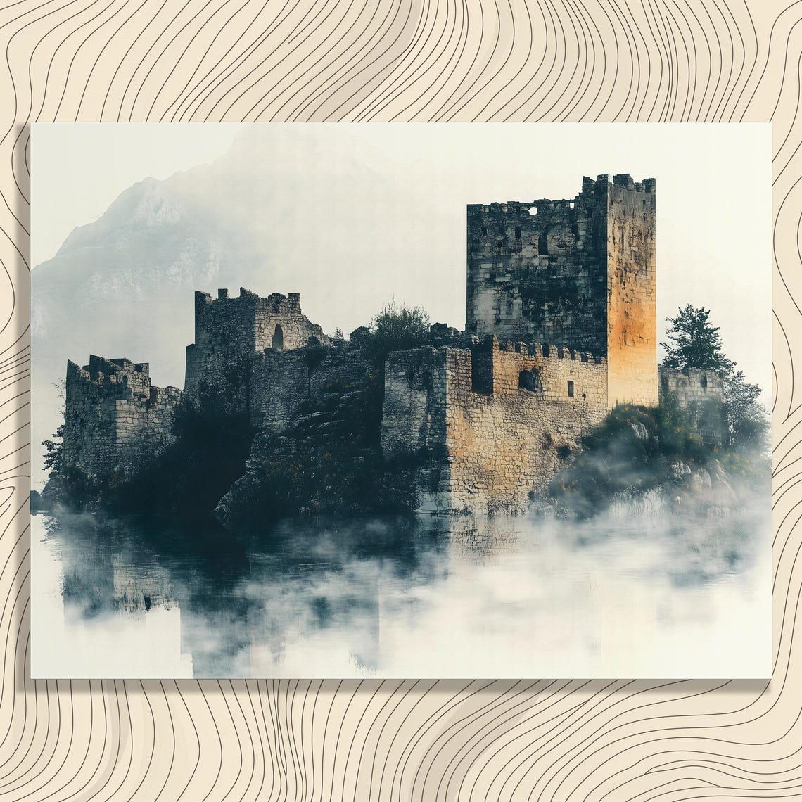 Misty Medieval Castle Ruins By Water Poster With Fog And Mountains